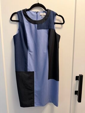 Calvin Klein Two-Tone Blue and Black Panel Sheath Dress